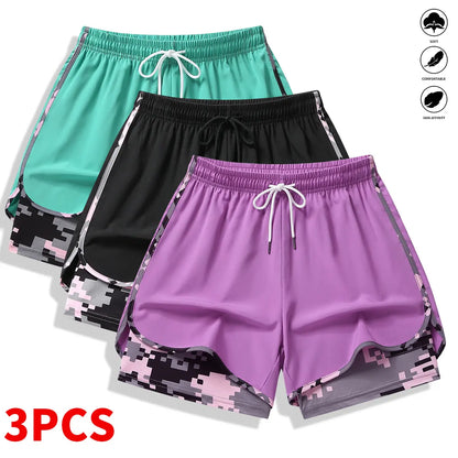3-Pack Women’S Casual Athletic Shorts with Built-In Liner, Drawstring, Elastic Waistband—Suitable for Outdoor Sports, Fitness, Running, and Casual Wear; Women’S Shorts, Athletic Shorts, Womenswear